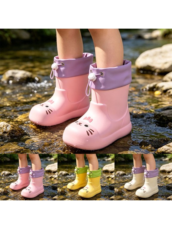 Kids Rain Boots Waterproof Cat Cartoon EVA Mid Calf Lightweight Boys Girls Outdoor Shoes 2-11Y