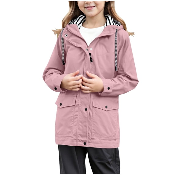 Kids Rain Coat Waterproof Active Outdoor Rain Jacket Lightweight Zip up Summer Fall Raincoat Windbreaker with Hood for Boys and Girls Pink 13 Years