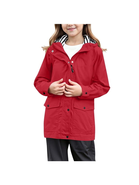 Kids Rain Coat Waterproof Active Outdoor Rain Jacket Lightweight Zip up Summer Fall Raincoat Windbreaker with Hood for Boys and Girls Red 9 Years