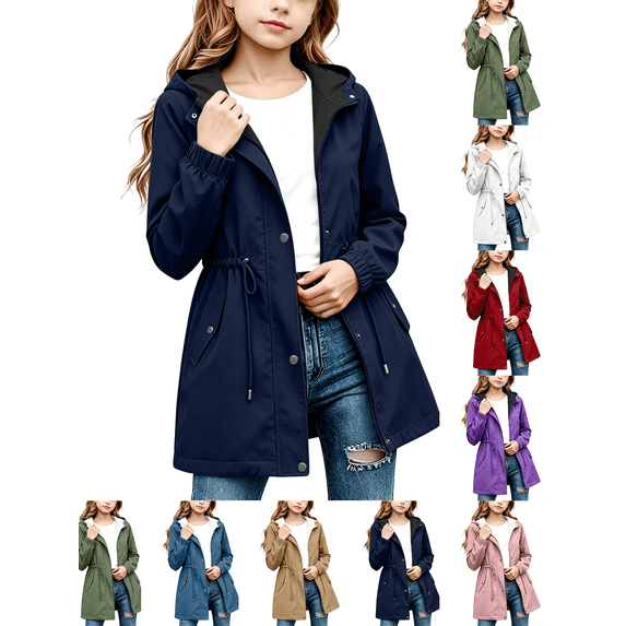 Kids Rain Jacket Nelozsy Kids Girls Solid Color With Pockets Drawstring Long Sleeves Waterproof Zipper Hooded Jacket Coat Navy 7 Years