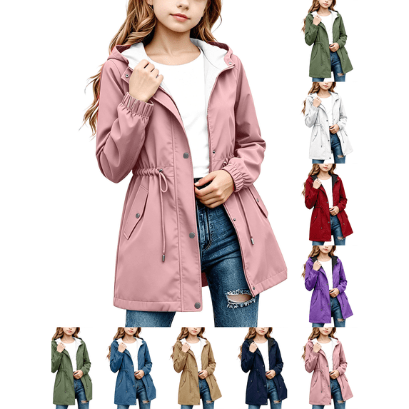 Kids Rain Jacket Nelozsy Kids Girls Solid Color With Pockets Drawstring Long Sleeves Waterproof Zipper Hooded Jacket Coat Pink 13 Years