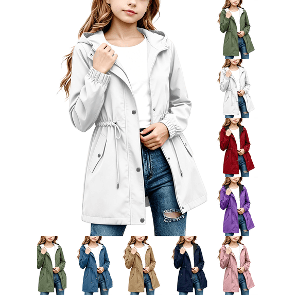 Kids Rain Jacket Nelozsy Kids Girls Solid Color With Pockets Drawstring Long Sleeves Waterproof Zipper Hooded Jacket Coat White 15 Years