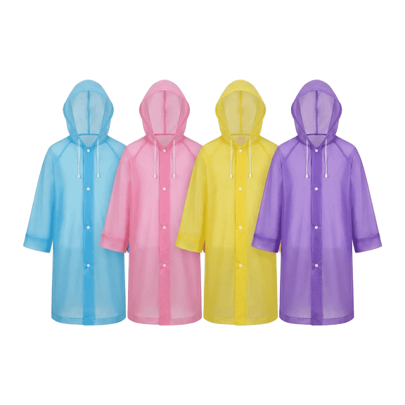 Kids Rain Poncho 4 Pack, Colorful EVA Disposable Ponchos for Children Color Powder Run Events - Rose Red Purple Blue Yellow