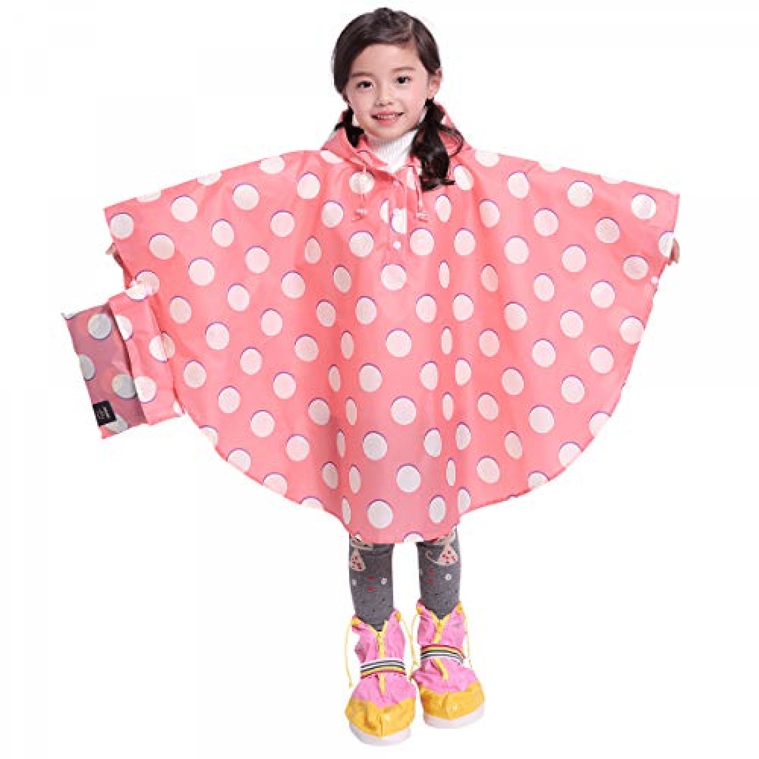 Kids Rain Poncho Hooded Jacket Rain Coat, Pink Polka Dot, S