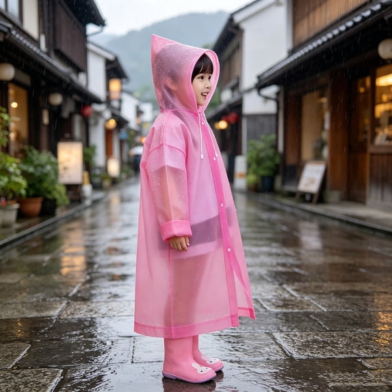 Kids Rain Poncho, Reusable Waterproof Hooded Rain Cape for Children with Adjustable Drawstring, Portable Tear-Resistant EVA Rain Gear for Outdoor Play, School, Hiking, and Camping