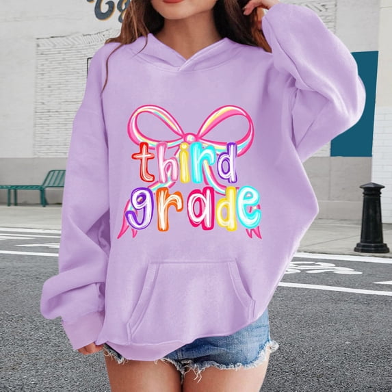 Kids Rainbow Bow Third Grade Graphic Pullover Hoodie Soft Fleece Long Sleeve Sweatshirt for Back To School First Day Photos & Elementary Daily Commute Outfits Purple 140