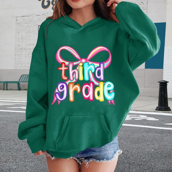 Kids Rainbow Bow Third Grade Graphic Pullover Hoodie Soft Fleece Long Sleeve Sweatshirt for Back To School First Day Photos & Elementary Daily Commute Outfits Blackish Green 100