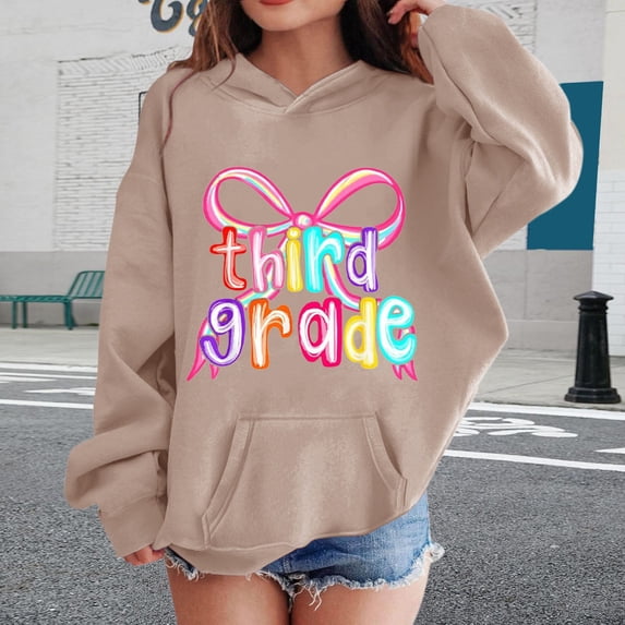 Kids Rainbow Bow Third Grade Graphic Pullover Hoodie Soft Fleece Long Sleeve Sweatshirt for Back To School First Day Photos & Elementary Daily Commute Outfits Khaki 110