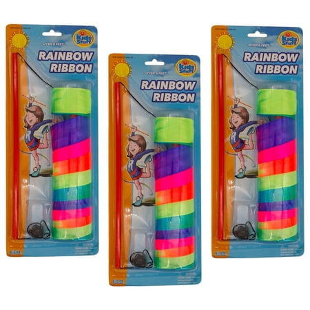 Kids Rainbow Dance Ribbon Wands (3 Pack, 6 ft ribbon) Twirling Streamer Wands For Gymnastics And Rhythmic Dancing