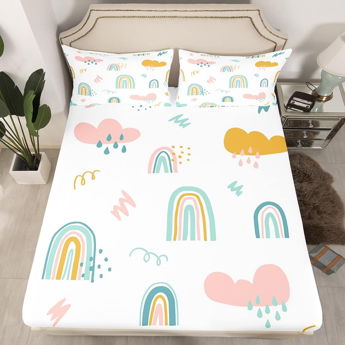 Kids Rainbow Fitted Sheet,Hand Drawn Rainbow Bed Sheet Twin Size