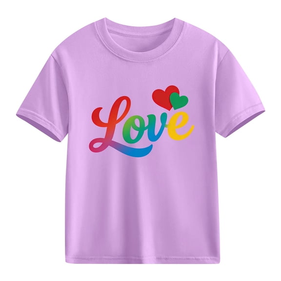 Kids Rainbow Love Heart T-Shirt | Girls Casual Graphic Tee | Purple Short Sleeve Valentine's Day Cotton Top,Size 3 T