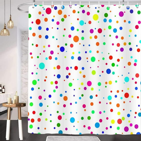 Kids Rainbow Polka Dot Shower Curtain for Bathroom, Colorful Cute Geometric Abstract Circles Doodle Geometric Bathroom Curtain, White Modern Restroom Accessories with Hooks 36x72Inch