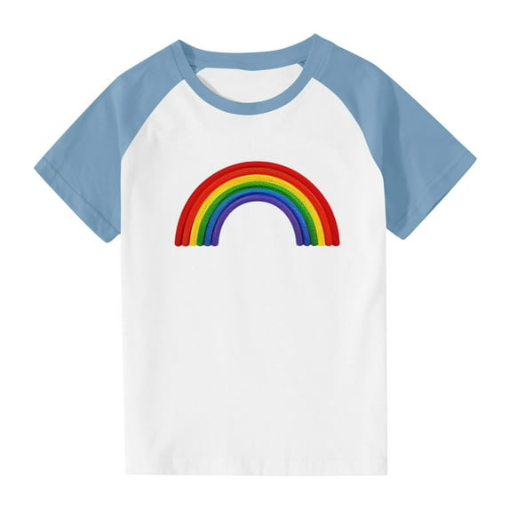 Kids Rainbow Short Sleeve T Shirts Girls Boys Round Neck Summer Teenage Tshirts Fashion Graphic Cute Casual Jogging Athletic School Children Tunic Tops Age 3-13 Years Light Blue 11-12 Years