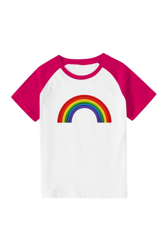 Kids Rainbow Short Sleeve T Shirts Girls Boys Round Neck Summer Teenage Tshirts Fashion Graphic Cute Casual Jogging Athletic School Children Tunic Tops Age 3-13 Years Hot Pink 13-14 Years