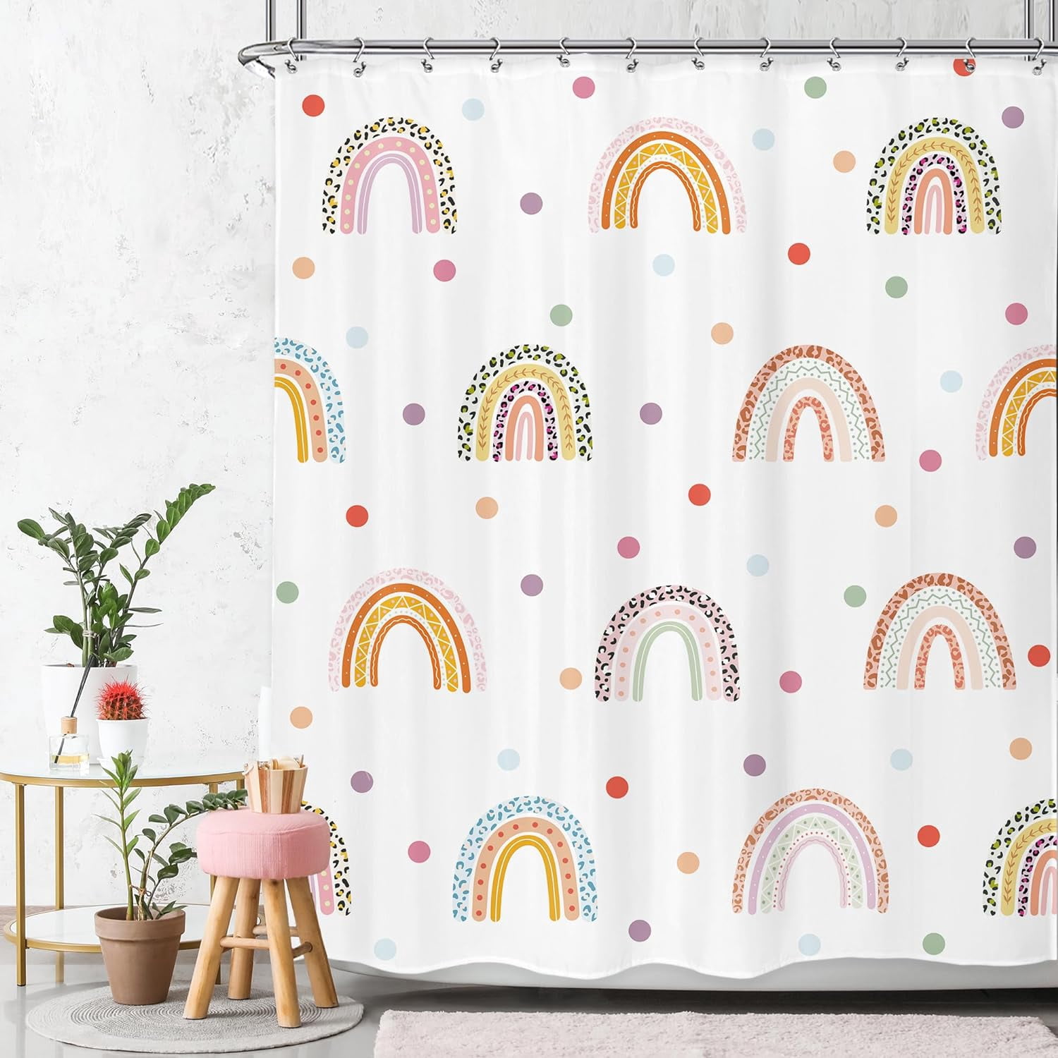Kids Rainbow Shower Curtain 72Wx72L Inch Girls Cartoon Boho Cute Leopard Cheetah Print Polka Dot Unique Shower Curtain Bathroom Set Colorful Bath Curtain Bathtub Accessories Home Decor