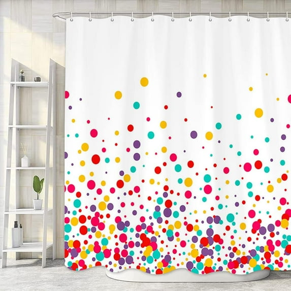 Kids Rainbow Shower Curtain for Bathroom, Colorful Polka Dot Bubble Confetti Fabric Shower Curtains, White Children Girls Teens Modern Geometric Cute Restroom Decor Accessories with Hooks 36X72 Inches