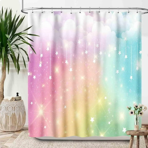 Kids Rainbow Shower Curtain Girls Cartoon Colorful Sky Clouds Stars Bathroom Curtain Set Girly Bath Curtain Cloth Fabric Bathroom Accessories Decor with Hooks-48"W x 72"L (Pack of 1)
