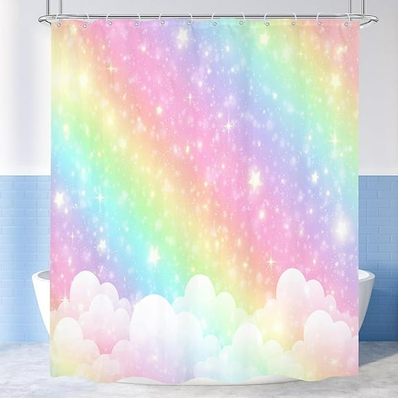 Kids Rainbow Shower Curtain Girls Pastel Cartoon Cute Colorful Sky Clouds Stars Aesthetic Bathroom Curtain Set Girly Bath Curtain Cloth Fabric Bathroom Accessories Decor 65"W x 72"L