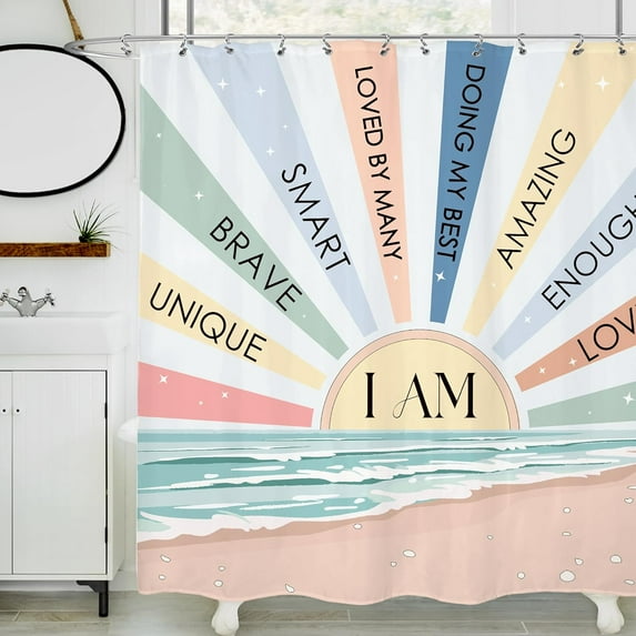 Kids Rainbow Sun Shower Curtain 72Wx72H Inches Pastel Inspirational Quotes Abstract Motivational Lines Sunrise Sunset Beach Fabric Waterproof Polyester Bathroom Home Decor Set with Hooks