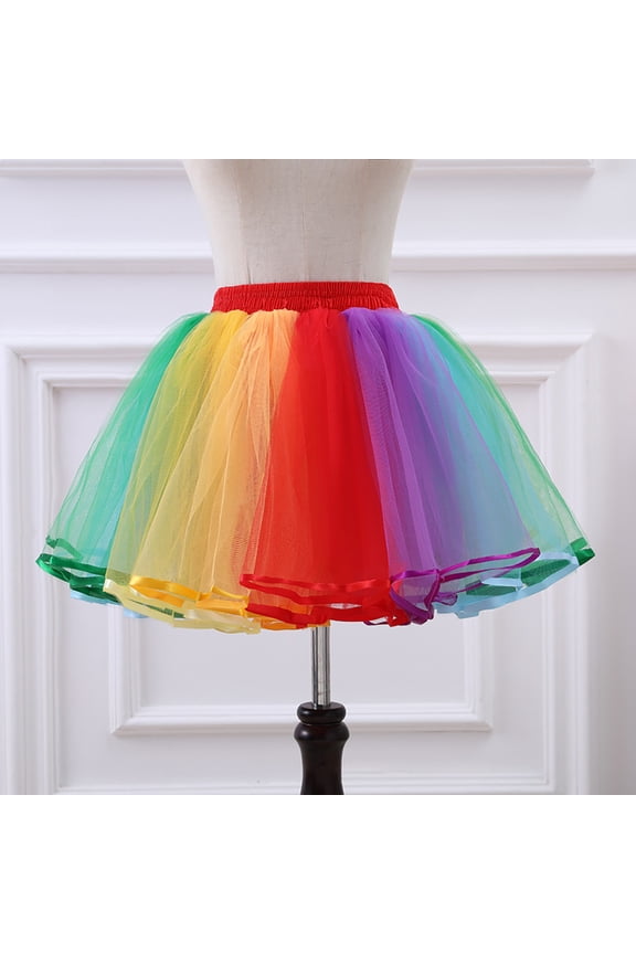 Kids Rainbow Tulle Tutu Skirt Layered Colorful Petticoat Elastic Waist Satin Trimmed Hem Mini Skirt For Carnival Party Dance ,Multicolour,One Size