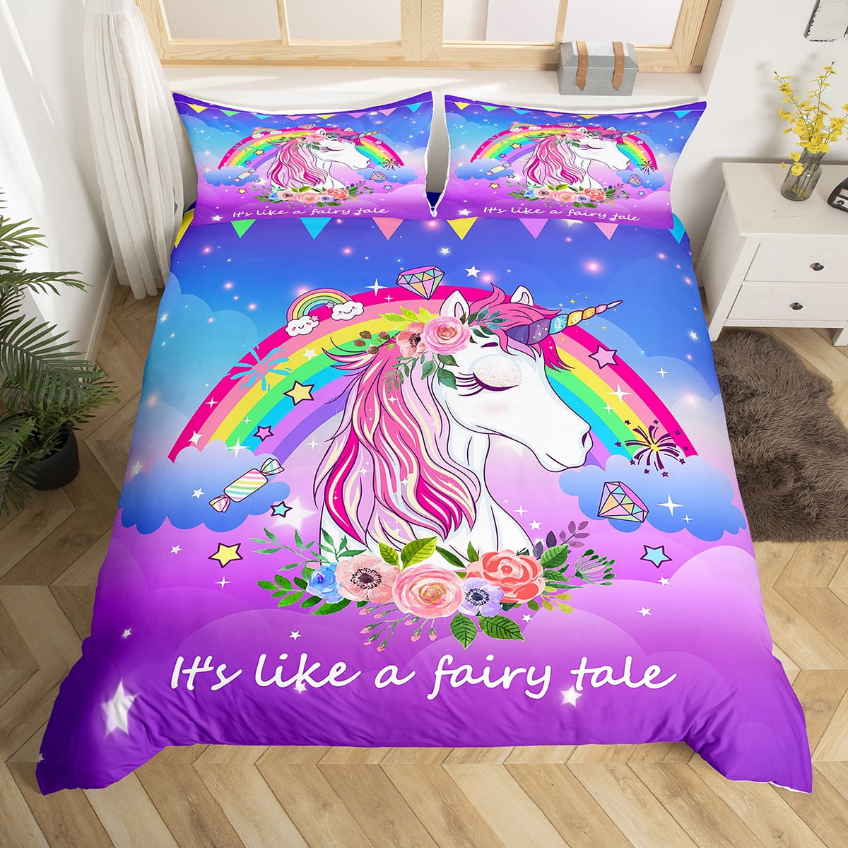 Kids Rainbow Unicorn Bedding Sets Kawaii Stars Reversible Duvet Cover