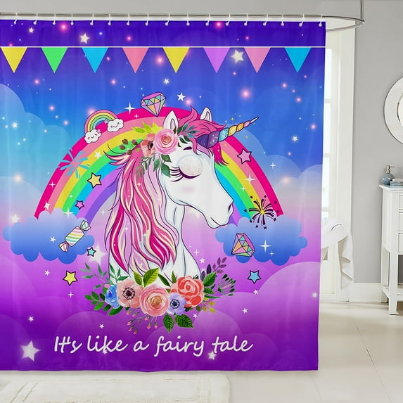 Rainbow Unicorn Fabric Shower Curtain 72" Wx78 L,Kawaii Bath Curtain Cute Cartoon Horse Princess Waterproof Shower Curtain Purple Blue Galaxy Curtains
