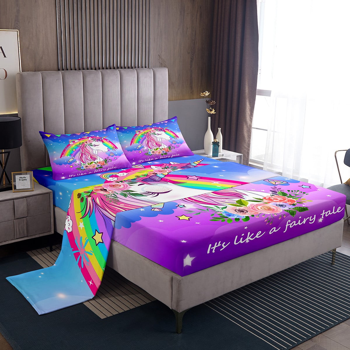 Kids Rainbow Unicorn Twin Sheet Set,Kawaii Bed Sheets Cute Cartoon
