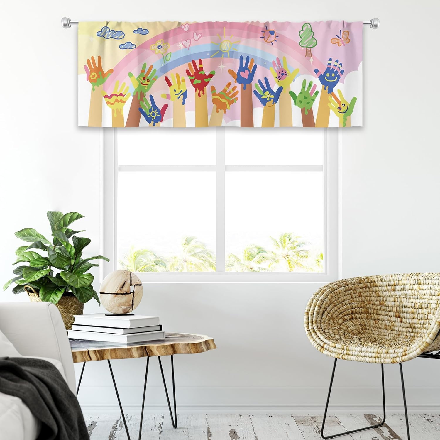 Kids Rainbow Valance Cartoon Colorful Kitchen Curtains 52Wx18H Inch Rod ...