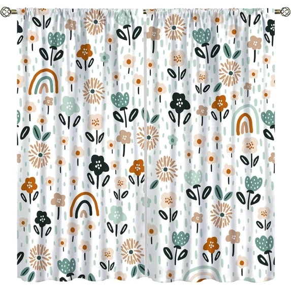 Kids Rainbow Window Curtains Cute Cartoon Rainbow Raindrop Floral Pattern Bohemian Style Girls Boys Bedroom Living Room Children''s Room Decorative Heat Insulation Blackout Curtains42x63in