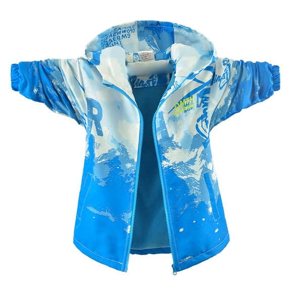 Kids Raincoat Boys Windbreaker Jacket Graffiti Letters With Hood Raincoat Fleece Lined Coat Rain Jacket Boys Blue 7 Years-8 Years