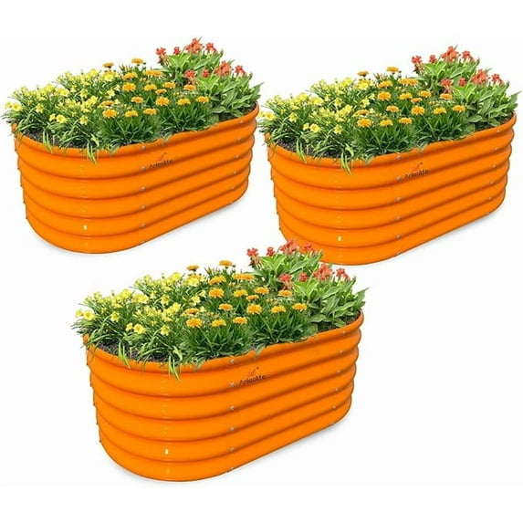 Kids Raised Garden Beds Outdoor (3-Pack)-40x24x18in Oval Round Galvanized Metal Planter Box for Planting Vegetables, Flowers, Fruits, Eco-Safe & Easy Setup, Peach Orange