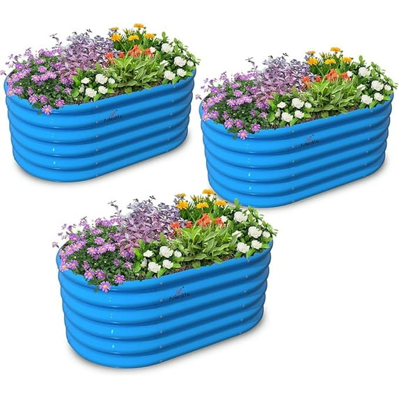Kids Raised Garden Beds Outdoor (3-Pack)-40x24x18in Oval Round Galvanized Metal Planter Box for Planting Vegetables, Flowers, Fruits, Eco-Safe & Easy Setup, Sky Blue