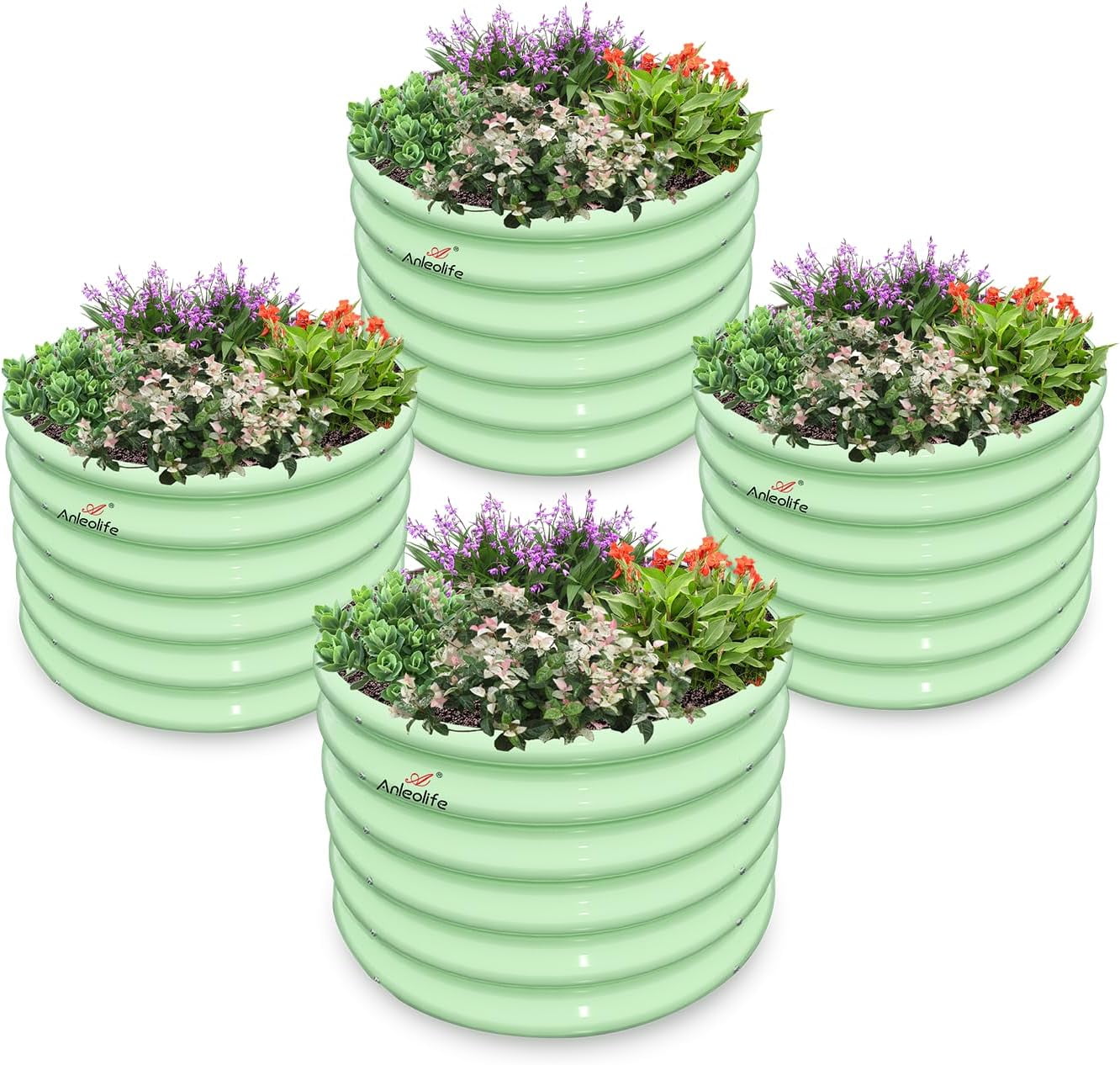 Kids Raised Garden Beds Outdoor (4-Pack)-24x24x18in Round Galvanized Metal Planter Box for Planting Vegetables, Flowers, Fruits, Eco-Safe & Easy Setup, Mint Green