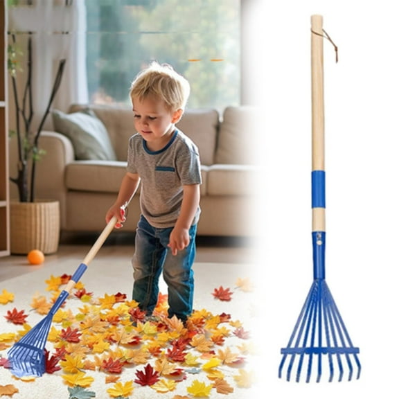 Kids Rakes with Hardwood Handle - Child Size Garden And Lawn Rake for Leaves, Kids Lightweight & Cute Rakes with Vibrant Blue And Red Heads, Great for 3+ Years Kids Garden Tools Gifts 28" Blue