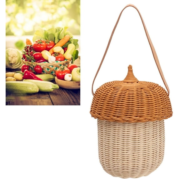 Kids Rattan Storage Basket, Pine Cone Shape Decorative Woven Basket with Lid, Hand Woven, Suitable for Home Decoration, Photography Props, Children's Toy, Fruit and Vegetable Storage - Large