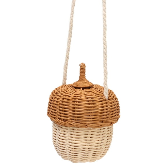 Kids Rattan Storage Basket, Small Acorn Shape Woven Handbag Handmade Wicker Storage Basket with Lid Decorative Shoulder Bag for Photography Prop[L]