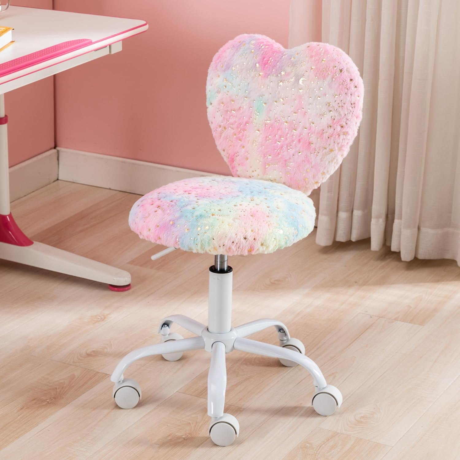 Kids Reading Chair Rolling Cute Desk Chair for Girls Swivel Office Chair with Wheels Heart Back Adjustable Childrens Vanity Chair for Bedroom