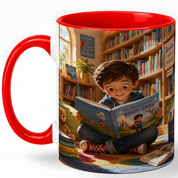 Kids Reading Coffee Mug, Colorful Library Book Lover Design, 11 oz Ceramic Cup