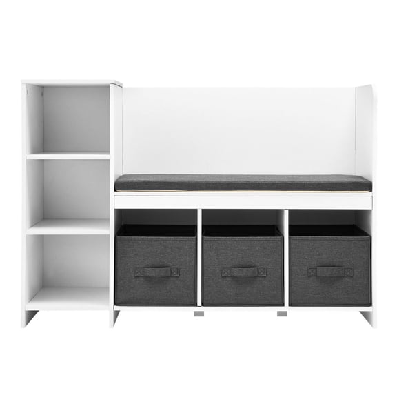 Kids Reading Nook Bench, Toddler Bookshelf with Cushion & Drawers, 6-Cubby Storage Organizer, Playroom Furniture, White