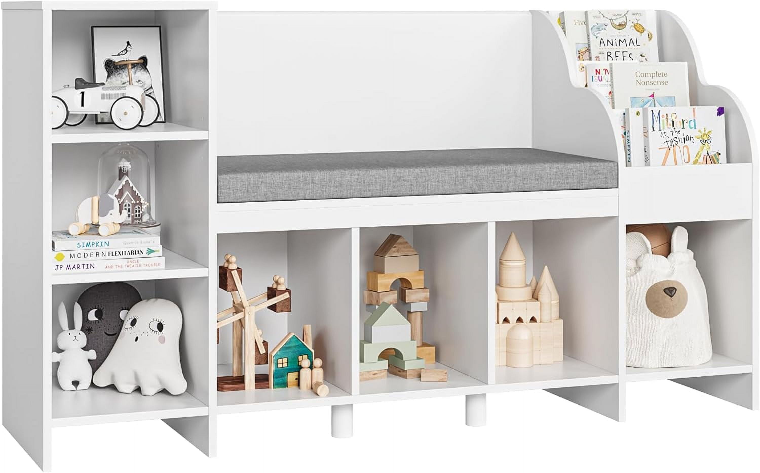 Kids Reading Nook, Nursery Bookshelf and Bookcase with Bench, Book Shelf Organizer with Seat