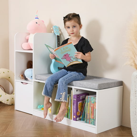 Kids Reading Nook with Storage, Kids Bookshelf with Bench, Wooden kids Toy Storage Organizer, Kids Bookcase with Seat Cushion for Bedroom, Playroom, Nursery, White