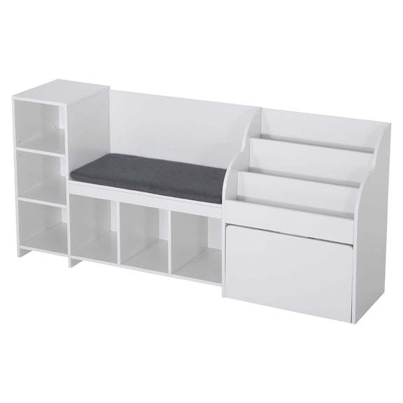 Kids Reading Nook, Wooden Storage Bench with Backrest, Kids Bookshelf Toy Organizer, Toy Box Chest for Playroom, White, Easy Assembly