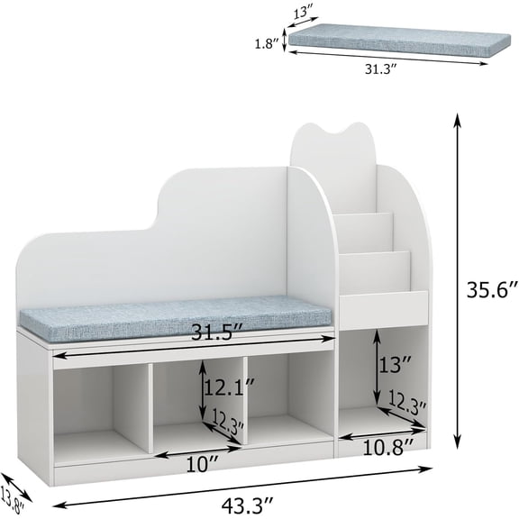 Kids Reading Nook with 4 Storage Cubes and Cushion, White Corner Bookshelf for Nursery