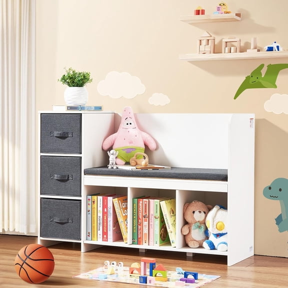 Kids Reading Nook with Storage, Toddler Bookshelf and Bookcase with Detachable Cushion, 6-Cubby Organizer for Playroom Bedroom White