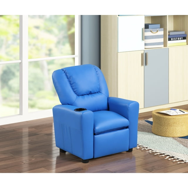 Blue Kids Recliner Chair with Cup Holder, PU Leather, NonSlip Footrest