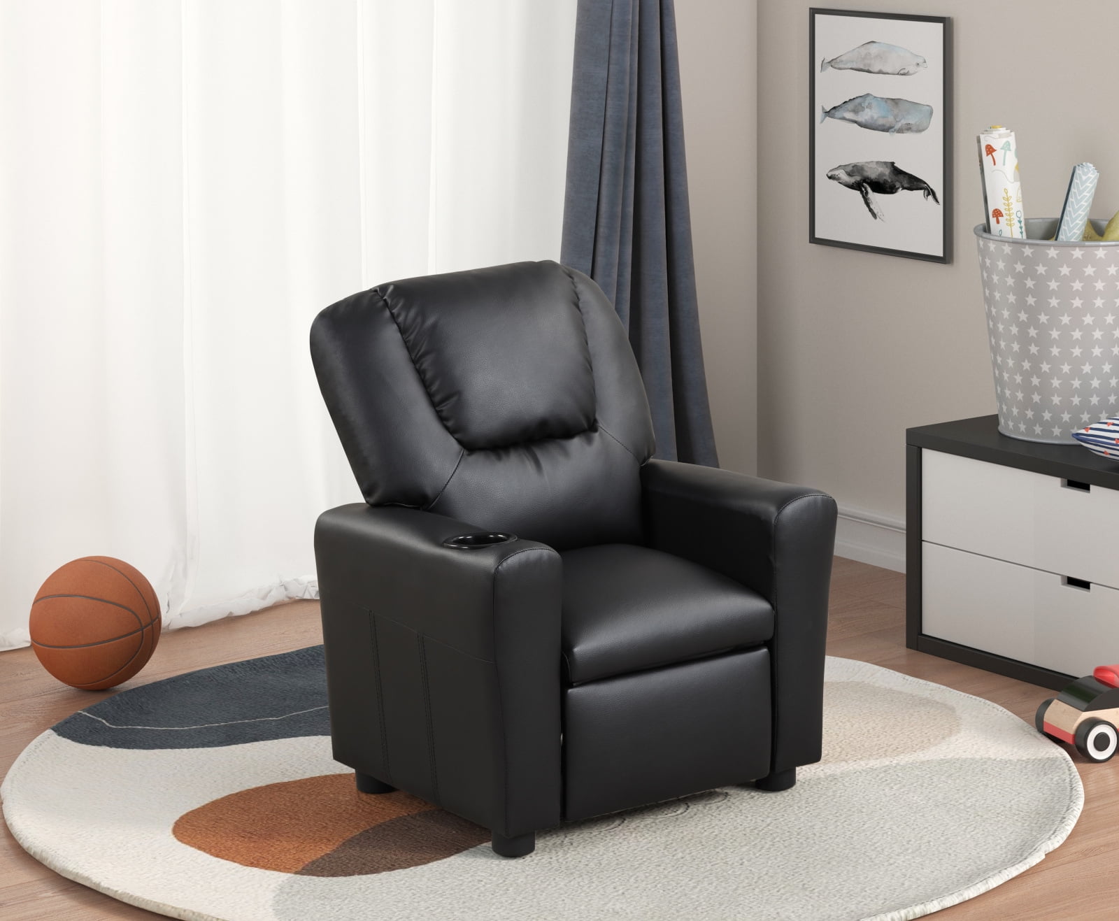 Kids Recliner Chair with Cup Holder, PU Leather Children's Reclining