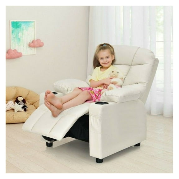 Kids Recliner Chair with Cup Holders - PU Leather Living Room Sofa for Children Ages 3+, Adjustable Backrest & Footrest, Side Pockets, Black/Brown/Blue/Gray