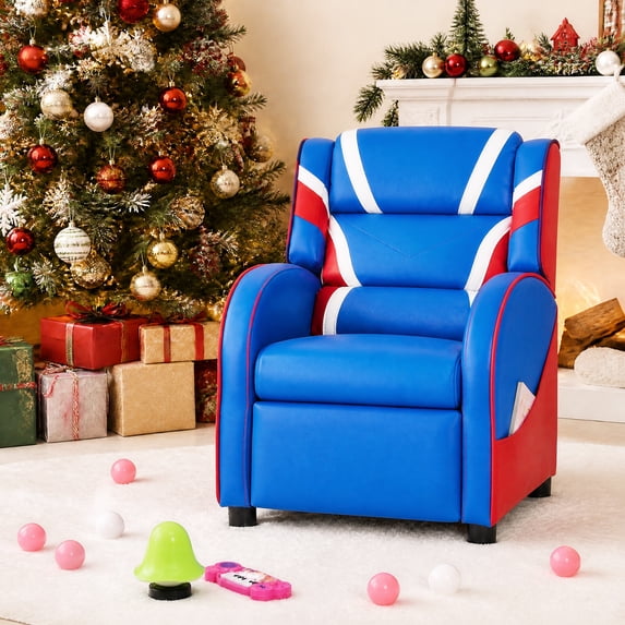 Costway Kids Recliner Chair Gaming Sofa PU Leather Armchair w/Side Pockets Blue