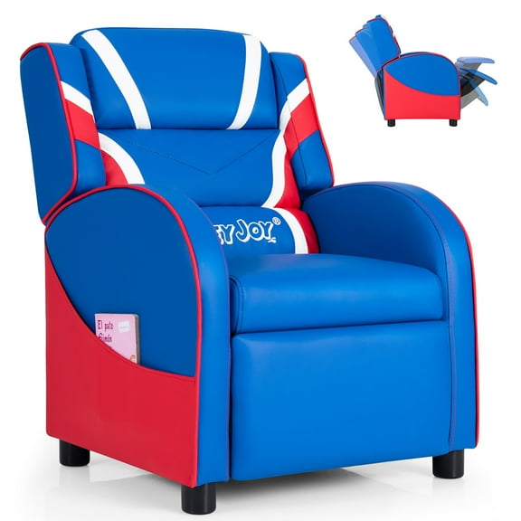 Kids Recliner Chair Gaming Sofa PU Leather Armchair w/Side Pockets Blue