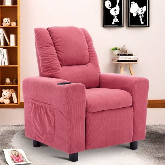 Recliner Chair with Cup Holder,Toddler Armrest Sofa Couch, Corduroys Child Recliners for Girls Boys Kids Room, Children's Rooms, Pink